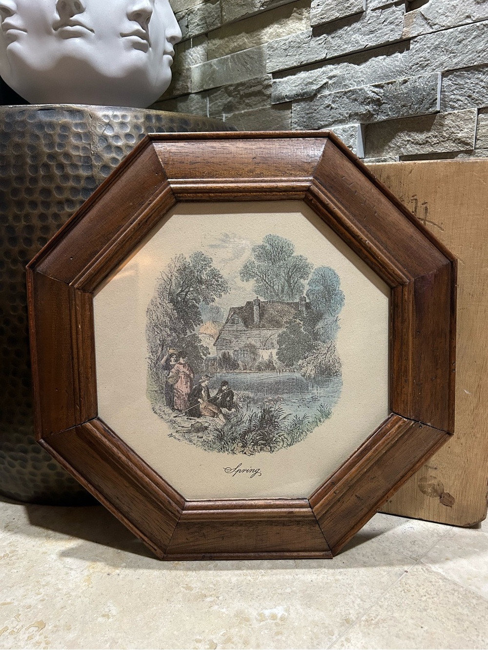 Vintage Four Seasons “Spring” Framed Print- Octagon Wood Frame